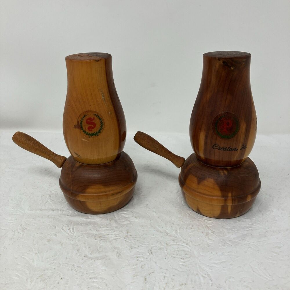 Vtg MCM Wooden Lamp-shaped Salt Pepper SHAKERS SET Rustic Creston IA Souvenir
